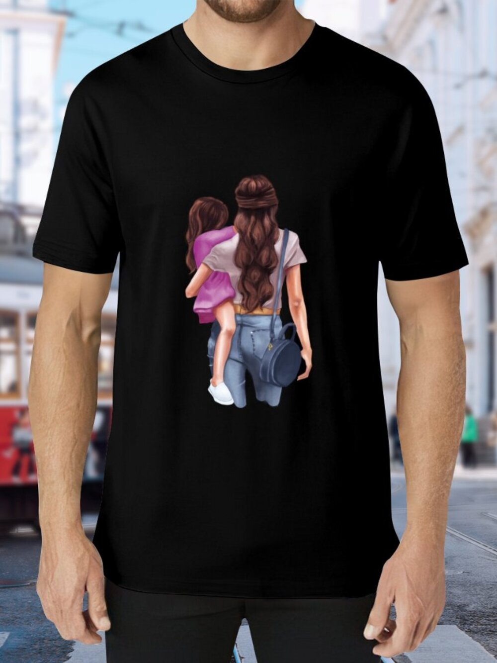Black Short Sleeve Graphic Tee - Mother and Child Design